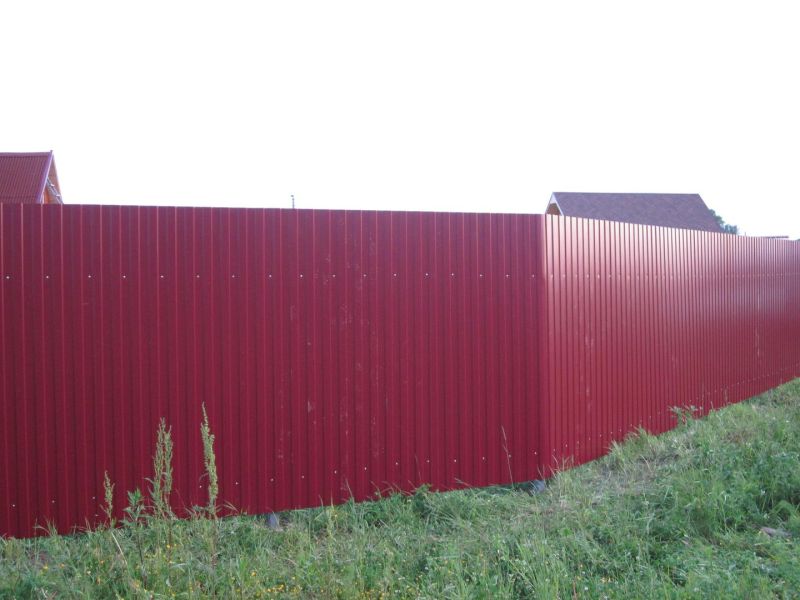 Забор из профнастила на сваях бордовый